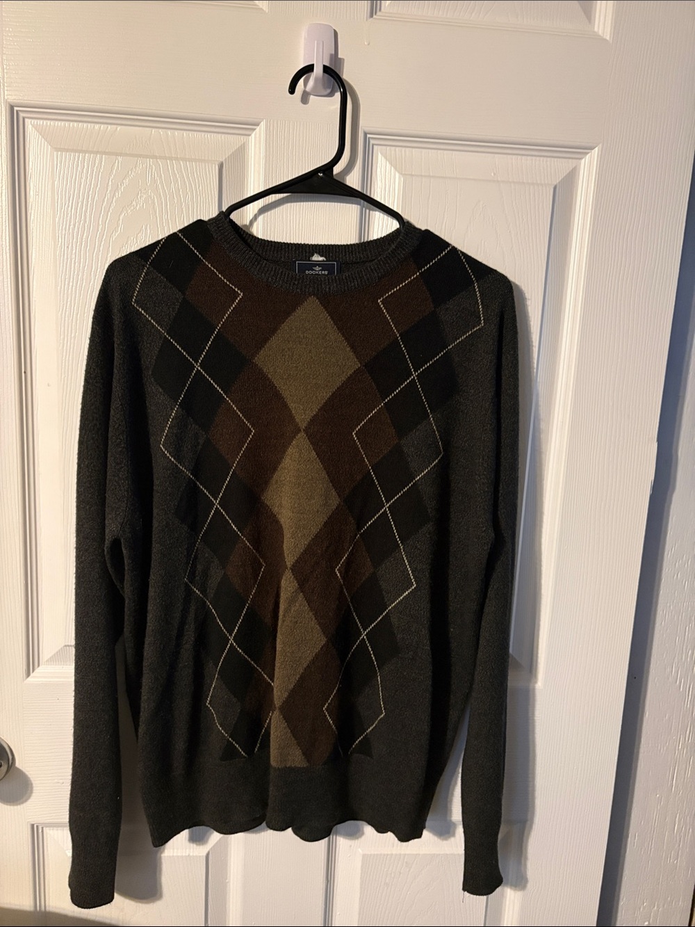 Dockers Men's Crewneck Argyle Sweater in Dark Gray, Brown & Olive